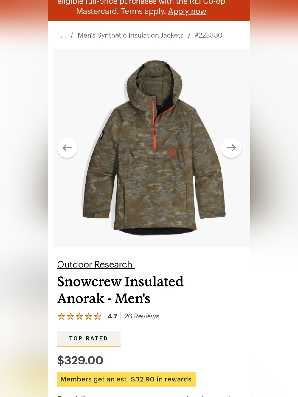 Outdoor Research Snowcrew Insulated Anorak, Size Large